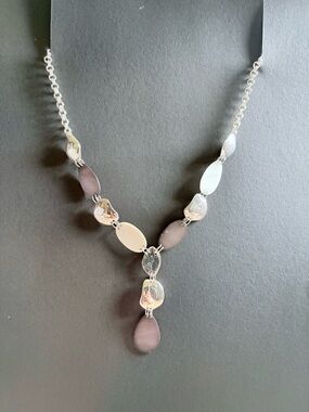 Silver Y Tiered Drop Necklace with Gray and Cream Accents-  20" adjustable chain